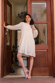 Women Off White Modal Satin Embroidered Beads Word Midi Dress
