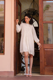 Women Off White Modal Satin Embroidered Beads Word Midi Dress