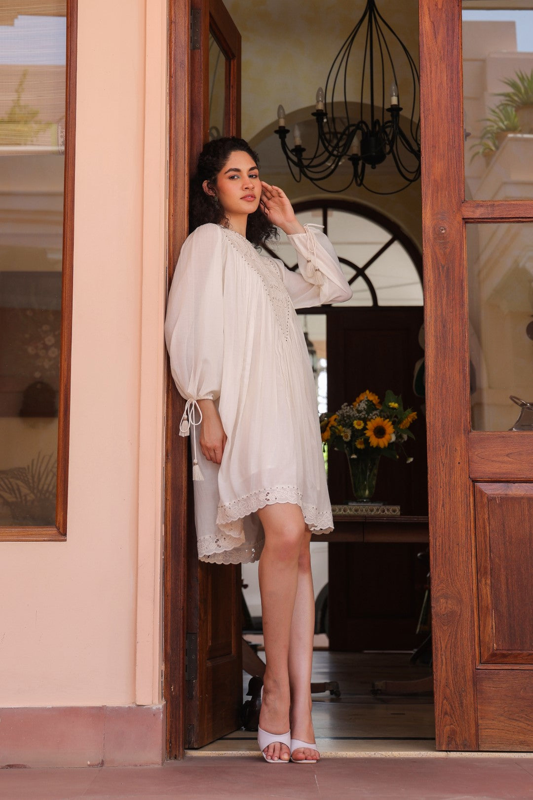 Women Off White Modal Satin Embroidered Beads Word Midi Dress