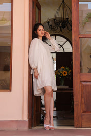 Women Off White Modal Satin Embroidered Beads Word Midi Dress