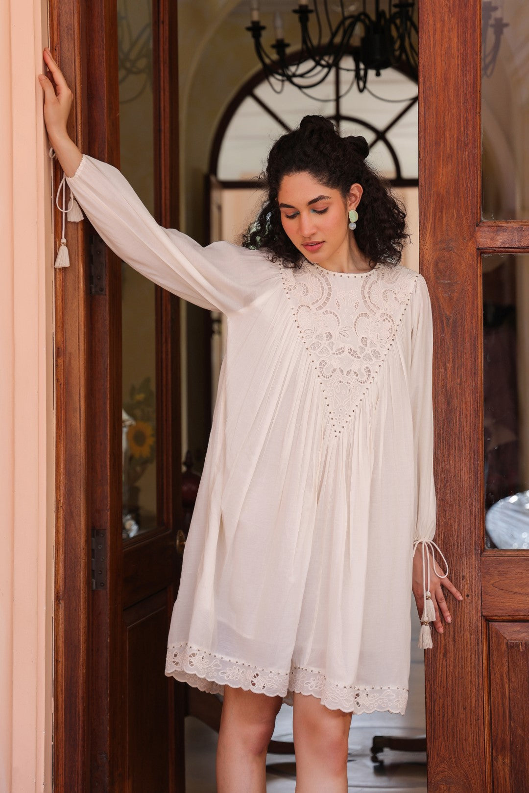 Women Off White Modal Satin Embroidered Beads Word Midi Dress