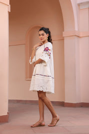 Women White Cotton Jacquard Cut Work Embroidered Beads Word Midi Dress With Pocket