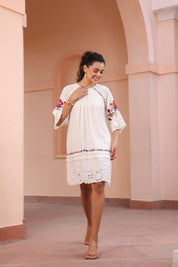 Women White Cotton Jacquard Cut Work Embroidered Beads Word Midi Dress With Pocket