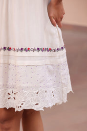 Women White Cotton Jacquard Cut Work Embroidered Beads Word Midi Dress With Pocket