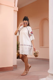 Women White Cotton Jacquard Cut Work Embroidered Beads Word Midi Dress With Pocket