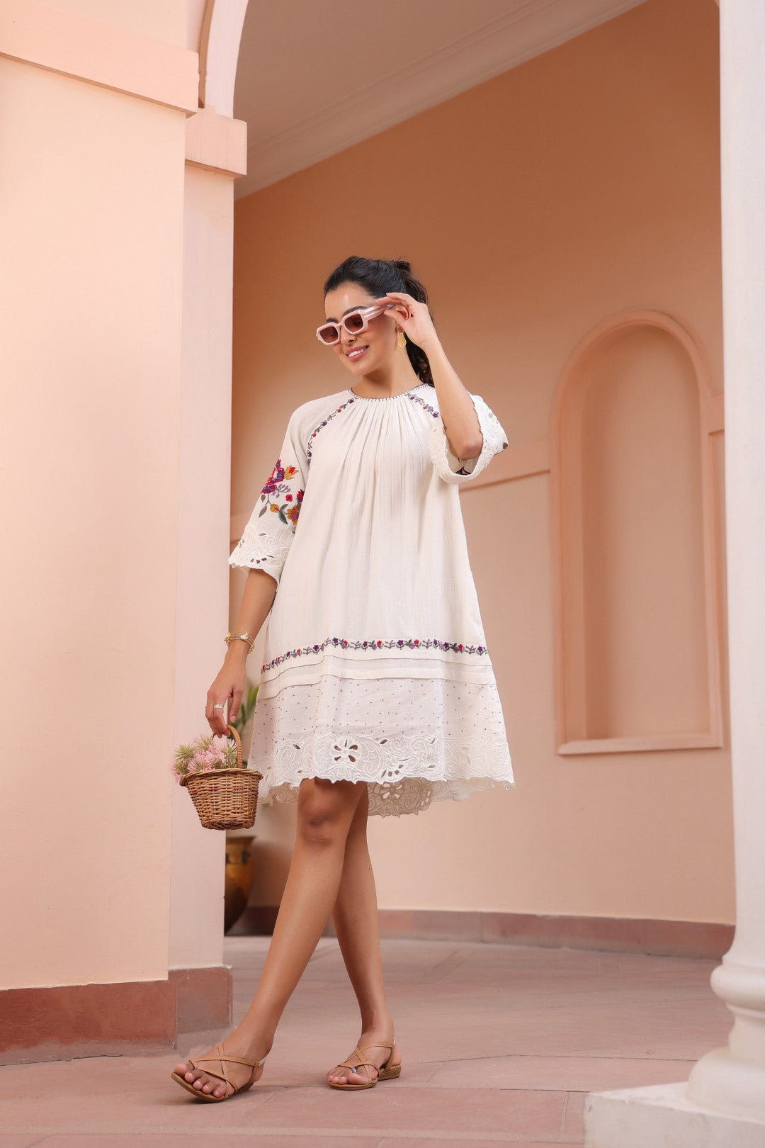 Women White Cotton Jacquard Cut Work Embroidered Beads Word Midi Dress With Pocket