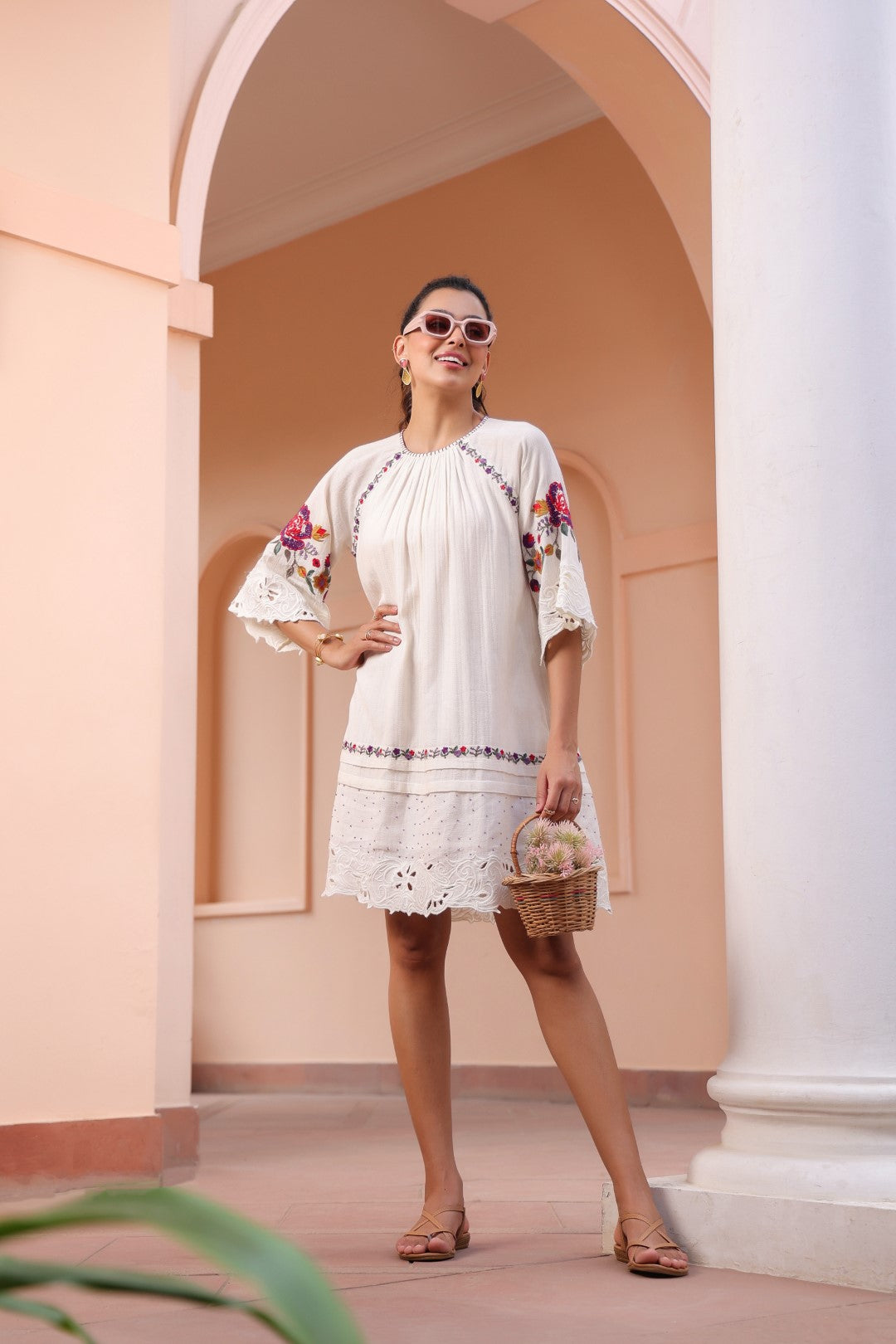 Women White Cotton Jacquard Cut Work Embroidered Beads Word Midi Dress With Pocket