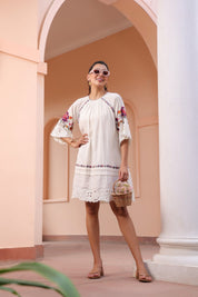 Women White Cotton Jacquard Cut Work Embroidered Beads Word Midi Dress With Pocket