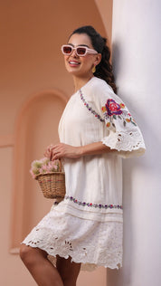 Women White Cotton Jacquard Cut Work Embroidered Beads Word Midi Dress With Pocket