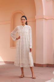 Women White Viscose Dobby Georgette Lurex Beads Work Dress