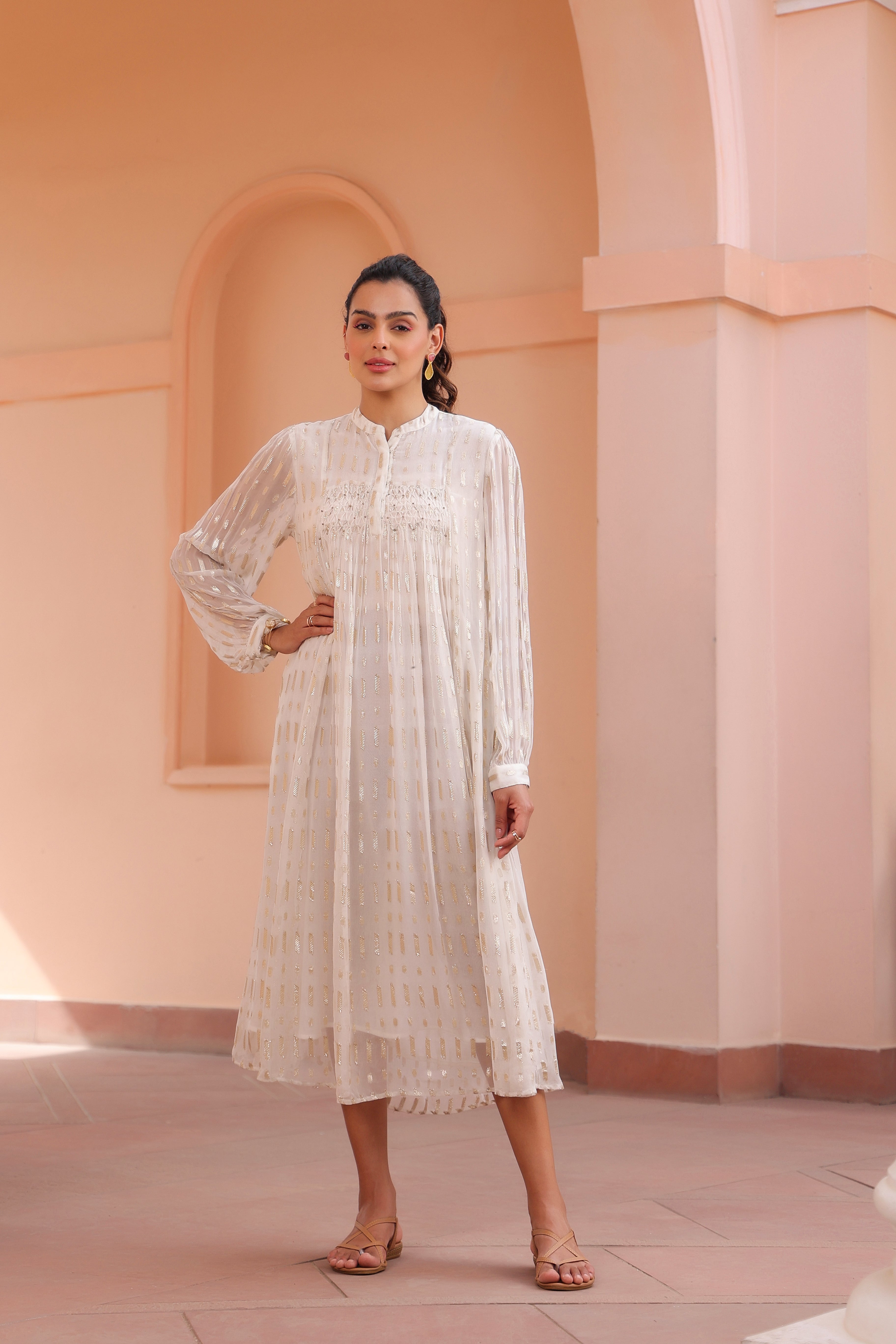 Women White Viscose Dobby Georgette Lurex Beads Work Dress