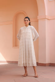 Women White Viscose Dobby Georgette Lurex Beads Work Dress