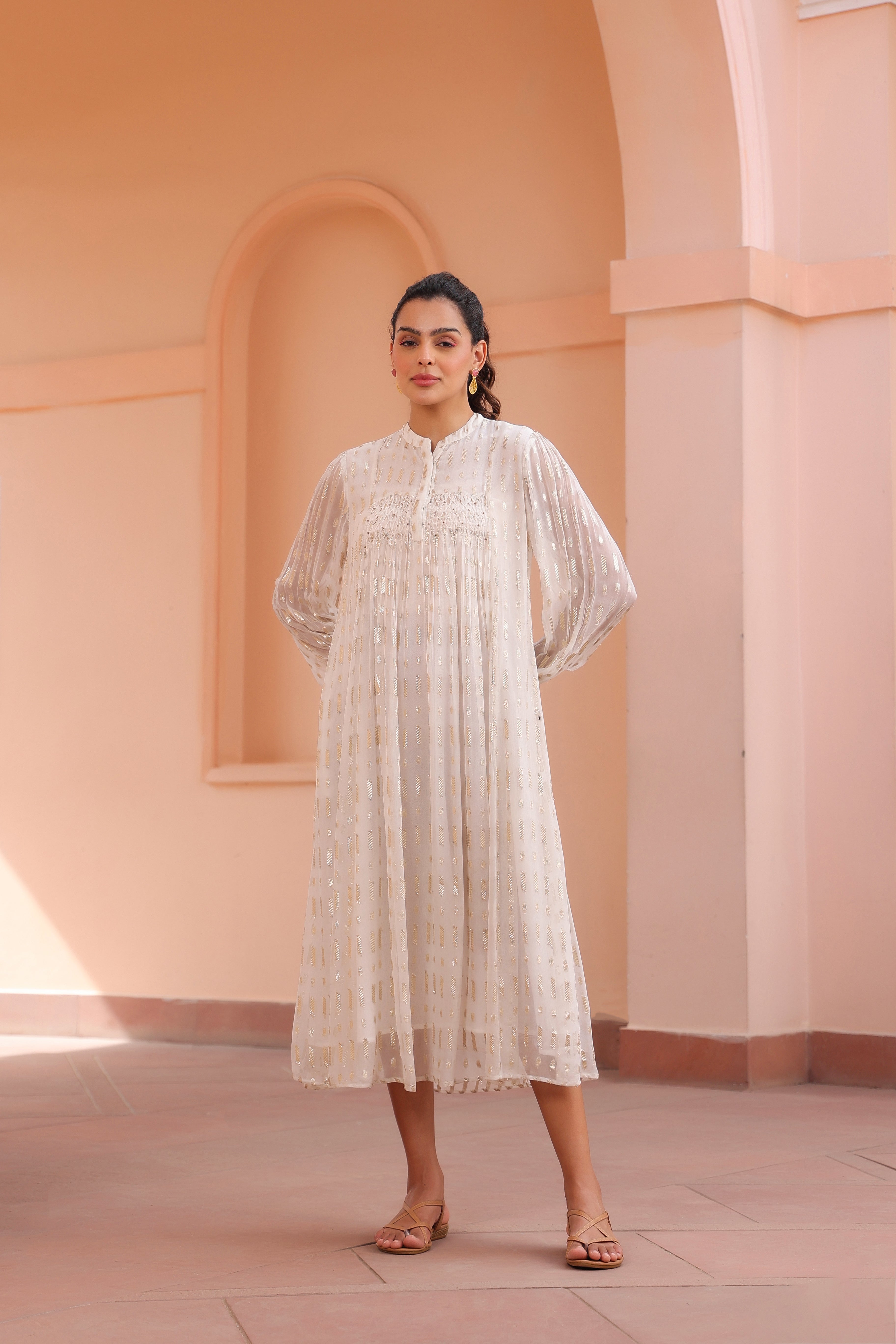 Women White Viscose Dobby Georgette Lurex Beads Work Dress