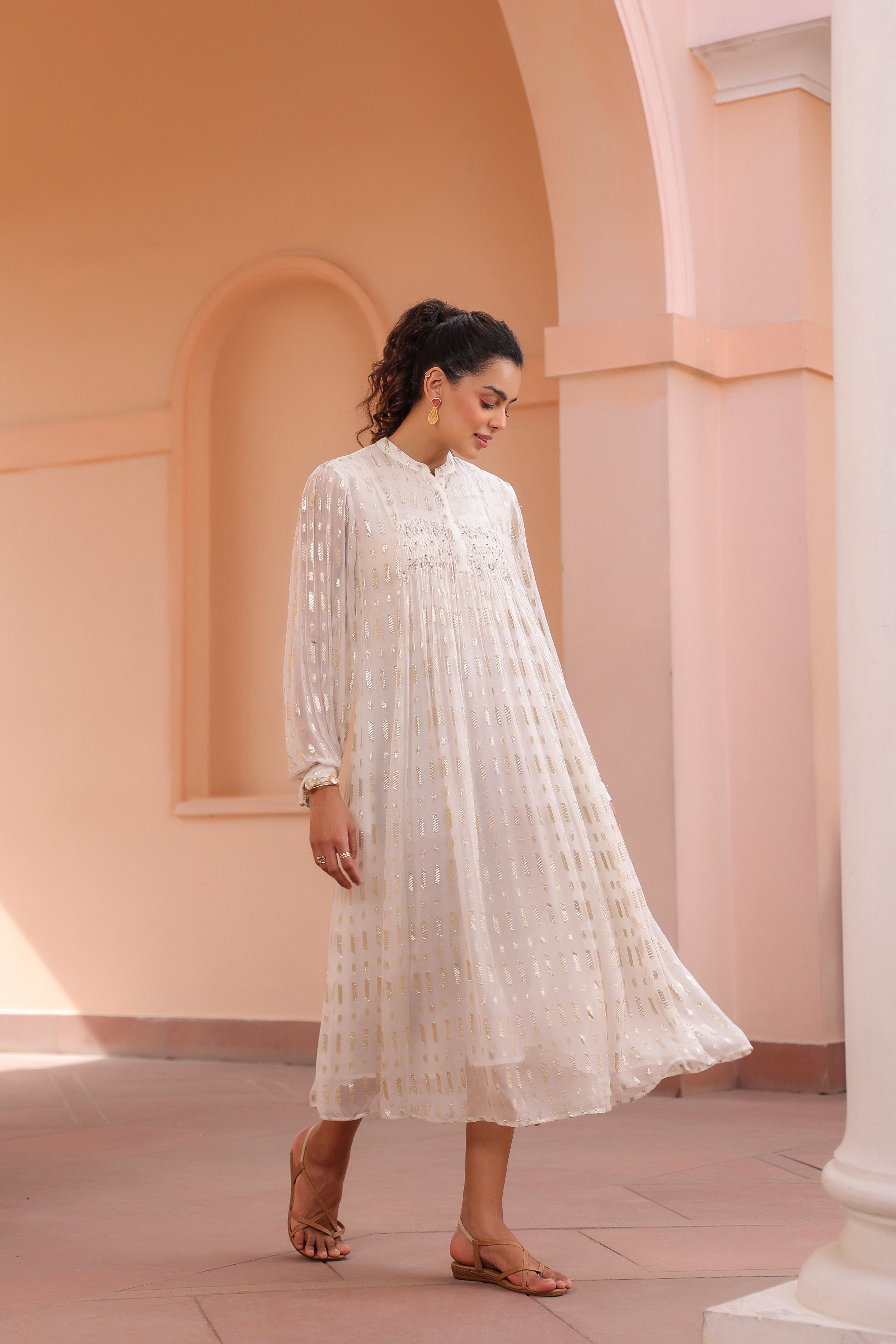 Women White Viscose Dobby Georgette Lurex Beads Work Dress