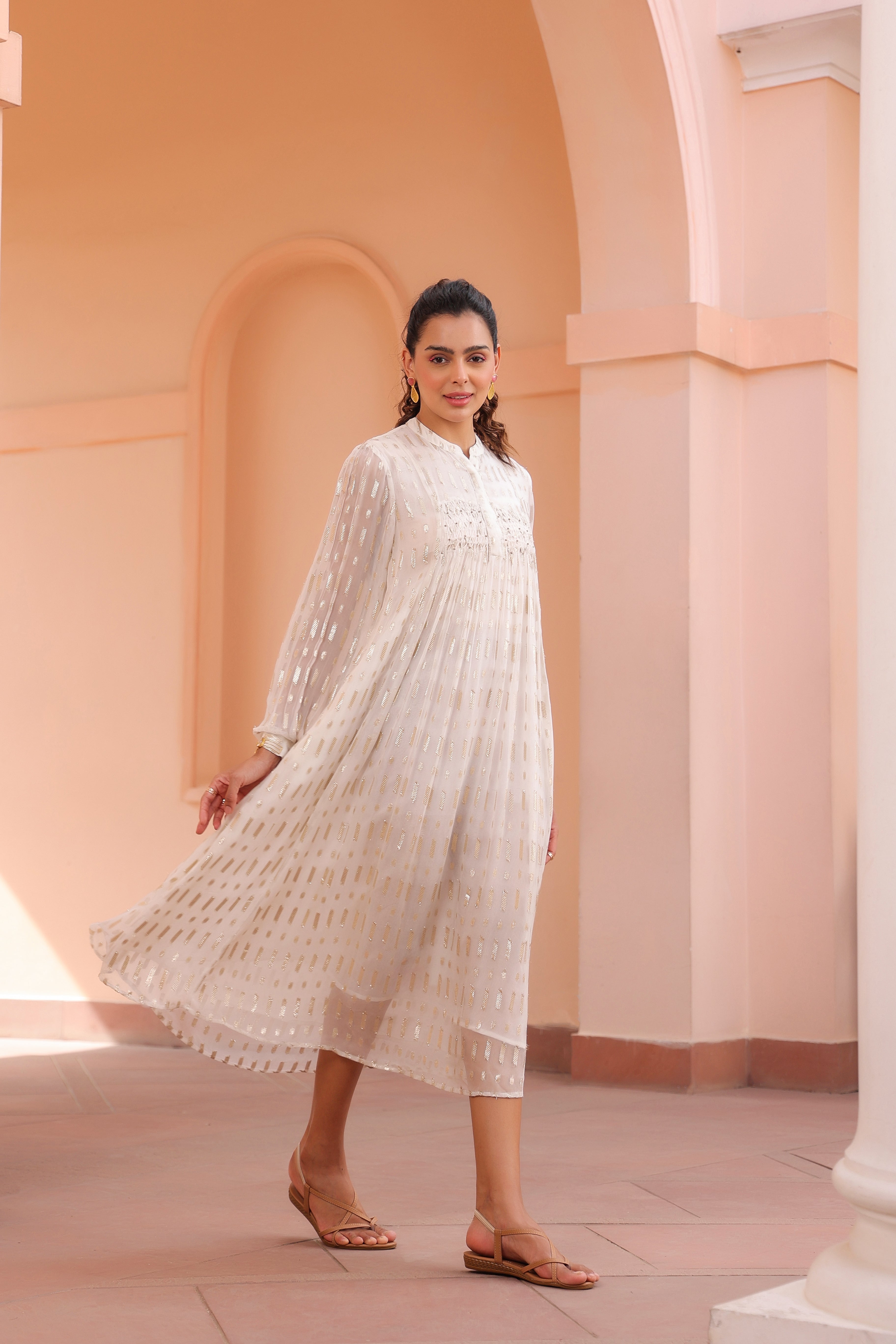 Women White Viscose Dobby Georgette Lurex Beads Work Dress