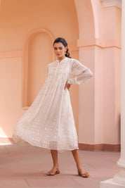 Women White Viscose Dobby Georgette Lurex Beads Work Dress