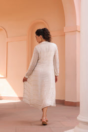 Women White Viscose Dobby Georgette Lurex Beads Work Dress