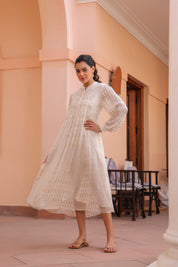 Women White Viscose Dobby Georgette Lurex Beads Work Dress