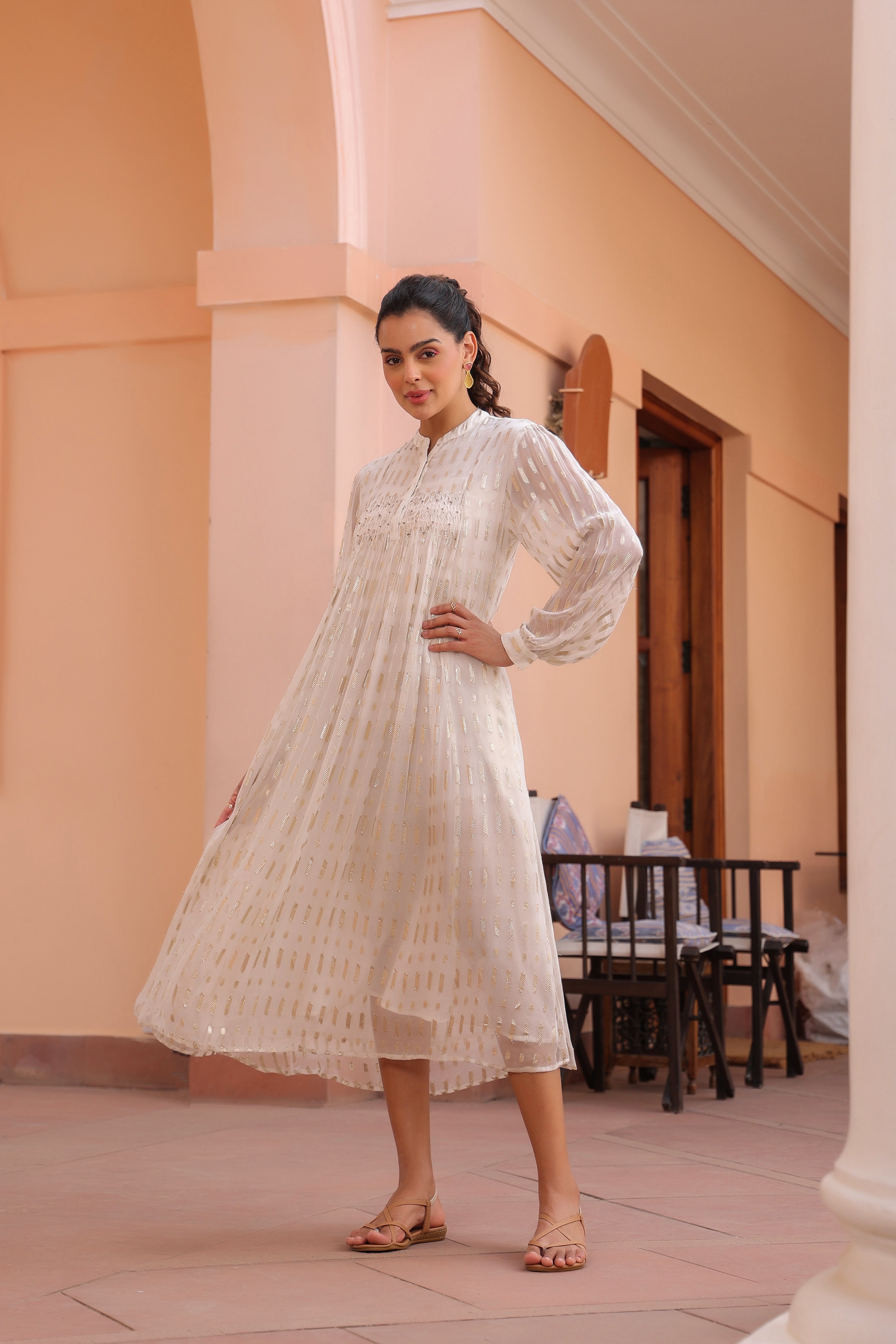 Women White Viscose Dobby Georgette Lurex Beads Work Dress
