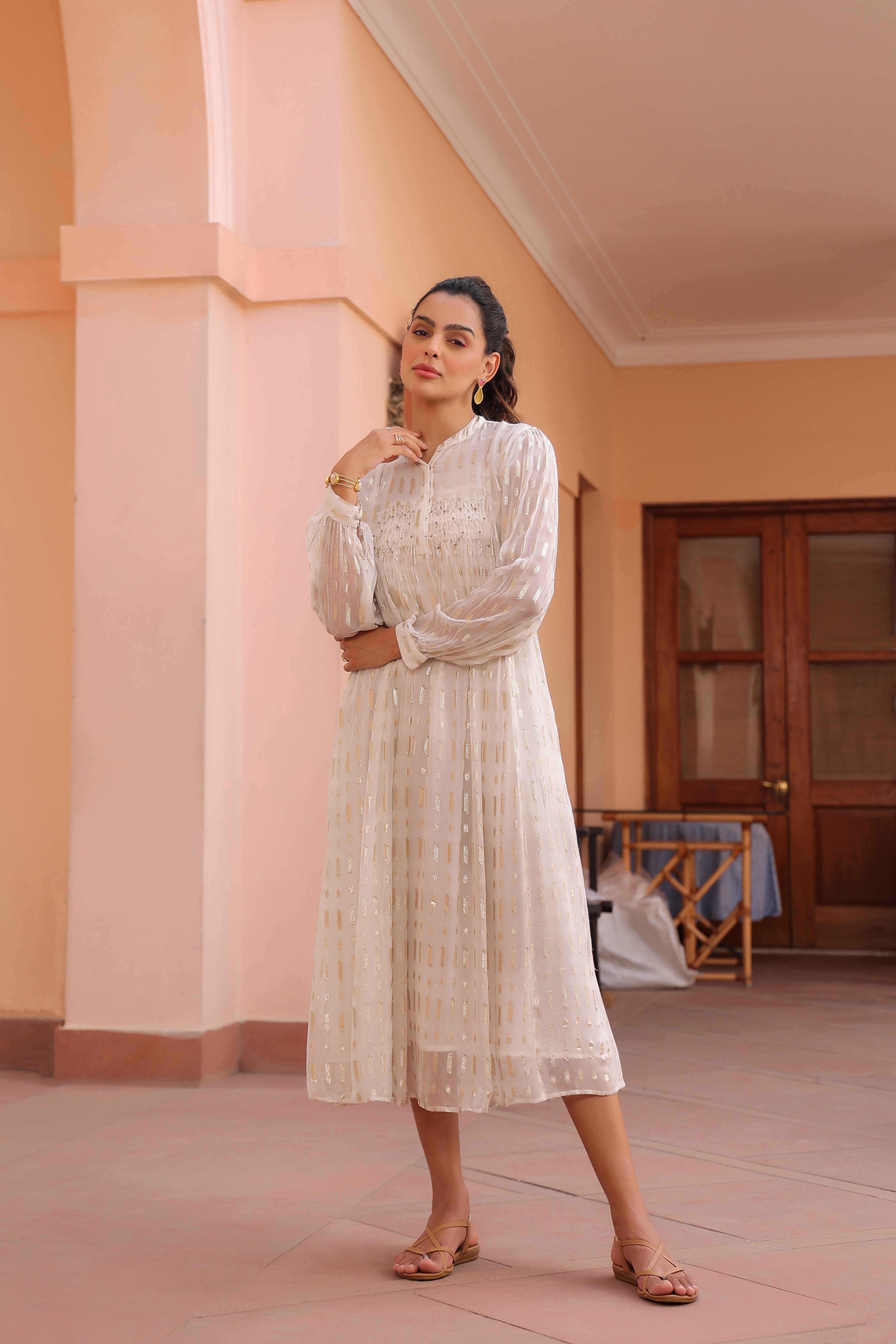 Women White Viscose Dobby Georgette Lurex Beads Work Dress