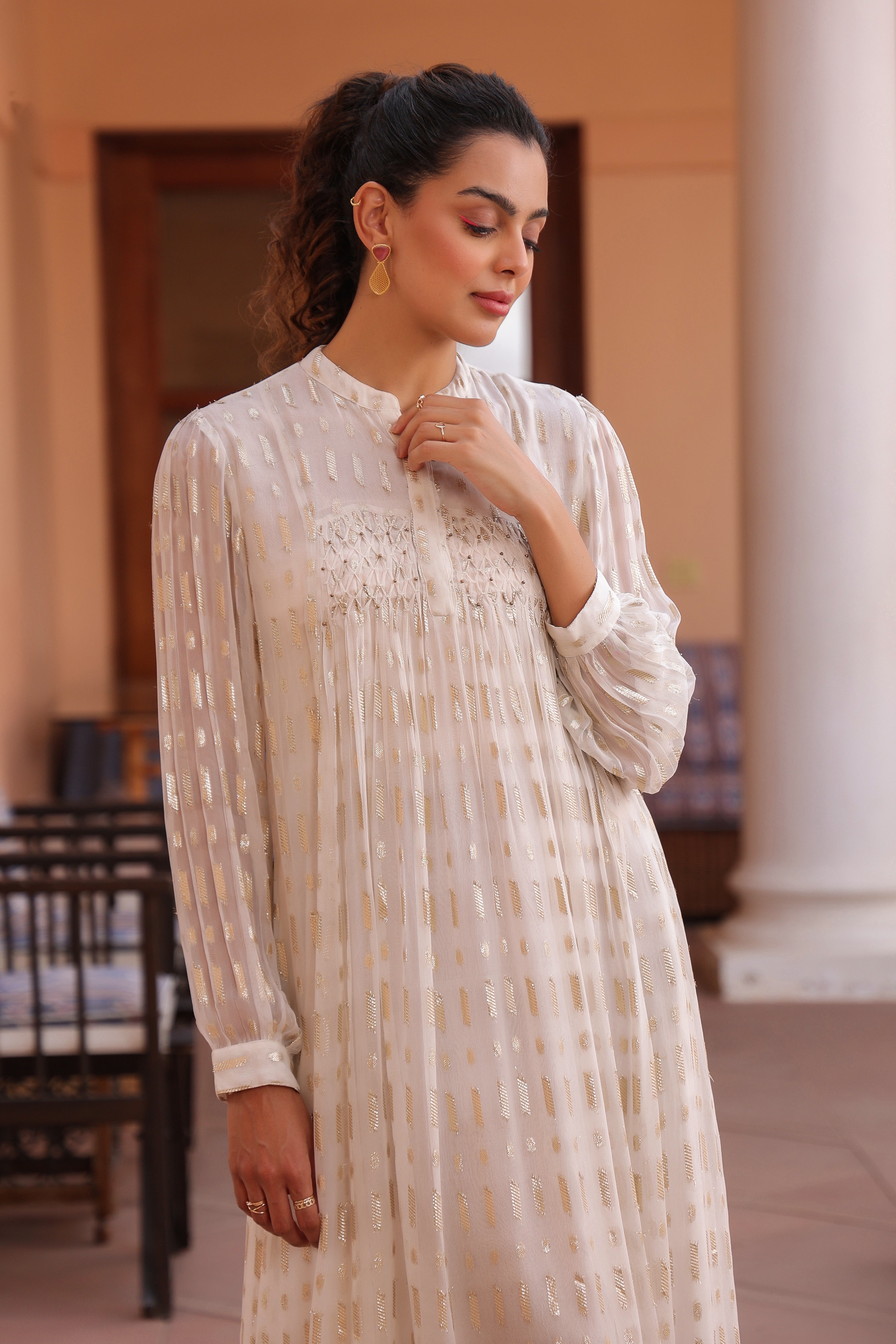 Women White Viscose Dobby Georgette Lurex Beads Work Dress