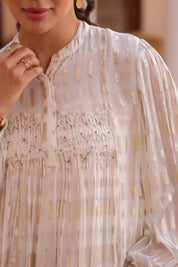 Women White Viscose Dobby Georgette Lurex Beads Work Dress