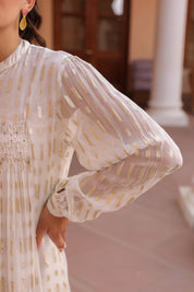 Women White Viscose Dobby Georgette Lurex Beads Work Dress