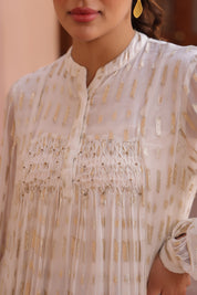 Women White Viscose Dobby Georgette Lurex Beads Work Dress