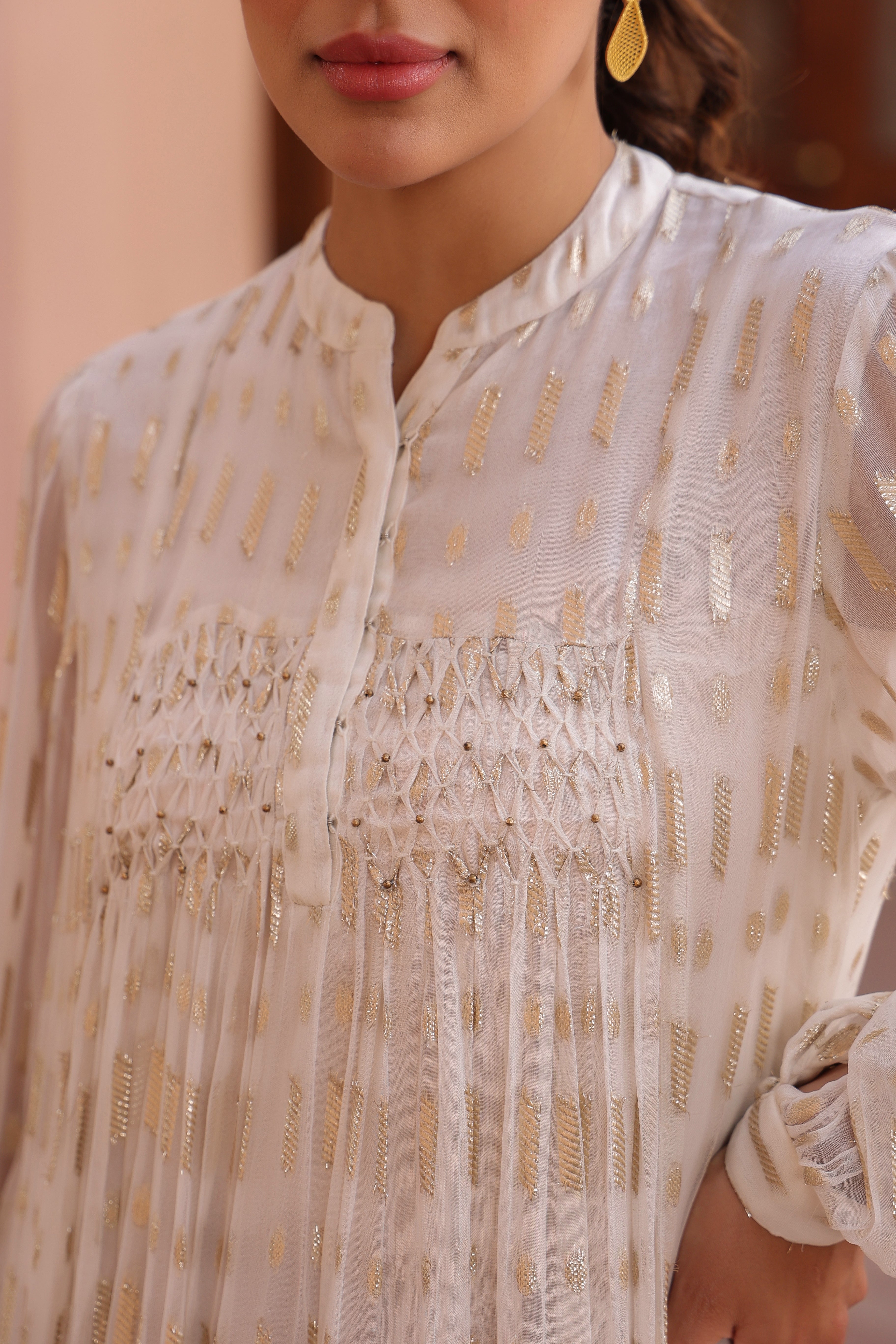 Women White Viscose Dobby Georgette Lurex Beads Work Dress
