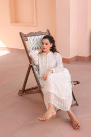 Women White Viscose Dobby Georgette Lurex Beads Work Dress