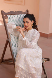 Women White Viscose Dobby Georgette Lurex Beads Work Dress