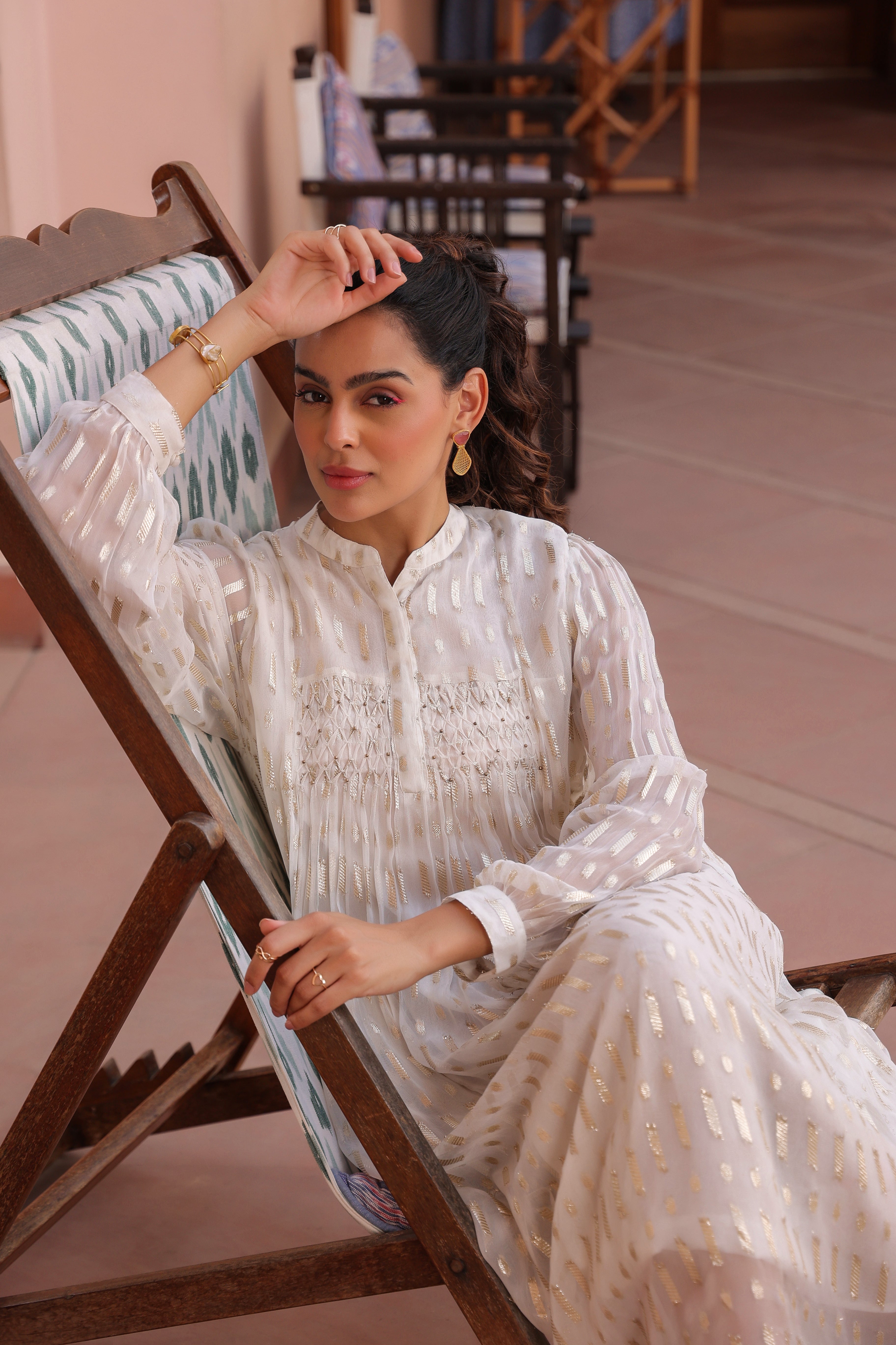 Women White Viscose Dobby Georgette Lurex Beads Work Dress
