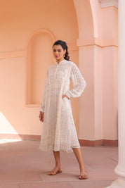 Women White Viscose Dobby Georgette Lurex Beads Work Dress