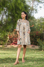 Women Viscose Santoon Digital Printed Embroidery And Beads Work Mini Dress