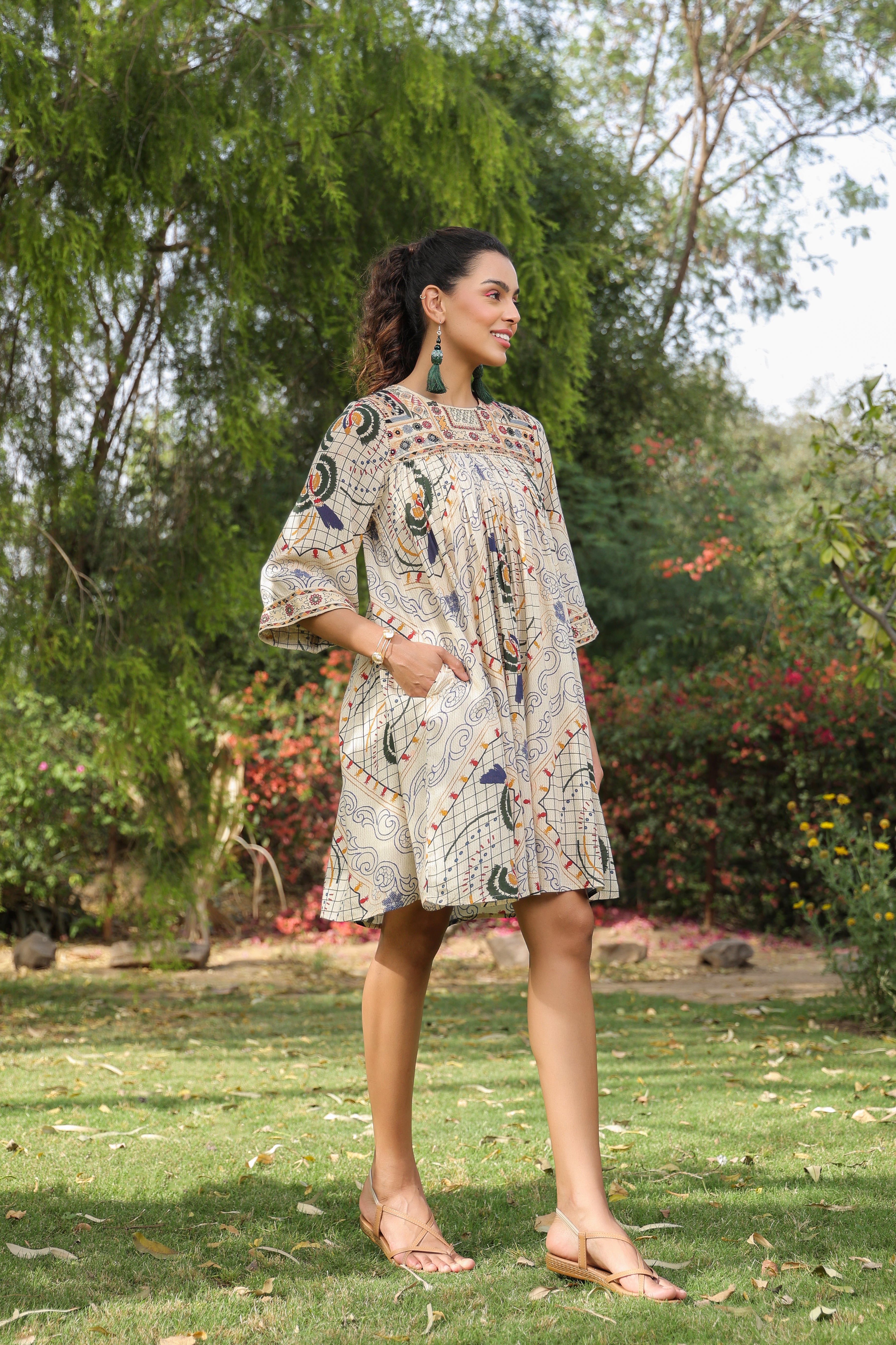 Women Viscose Santoon Digital Printed Embroidery And Beads Work Mini Dress