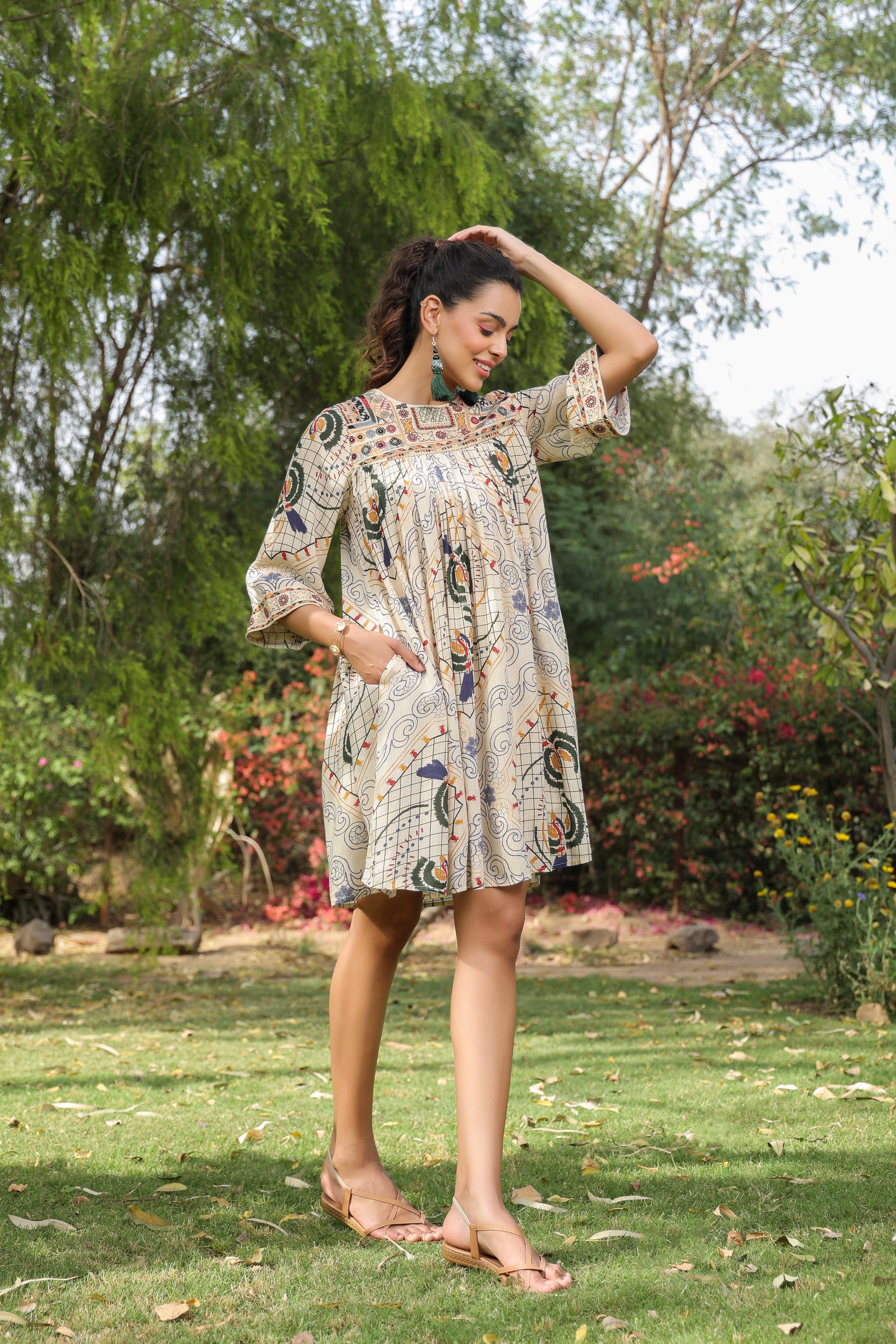 Women Viscose Santoon Digital Printed Embroidery And Beads Work Mini Dress