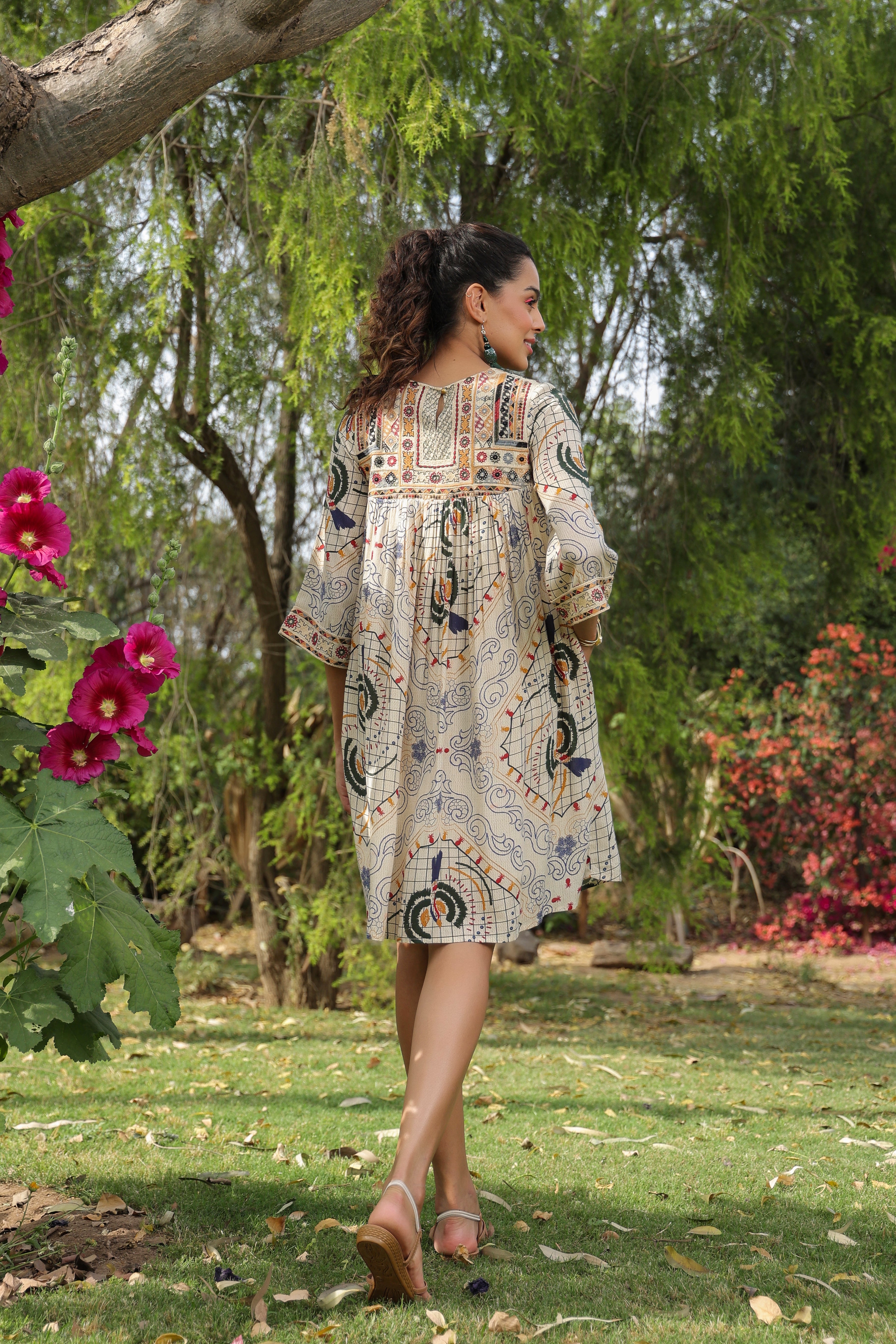 Women Viscose Santoon Digital Printed Embroidery And Beads Work Mini Dress