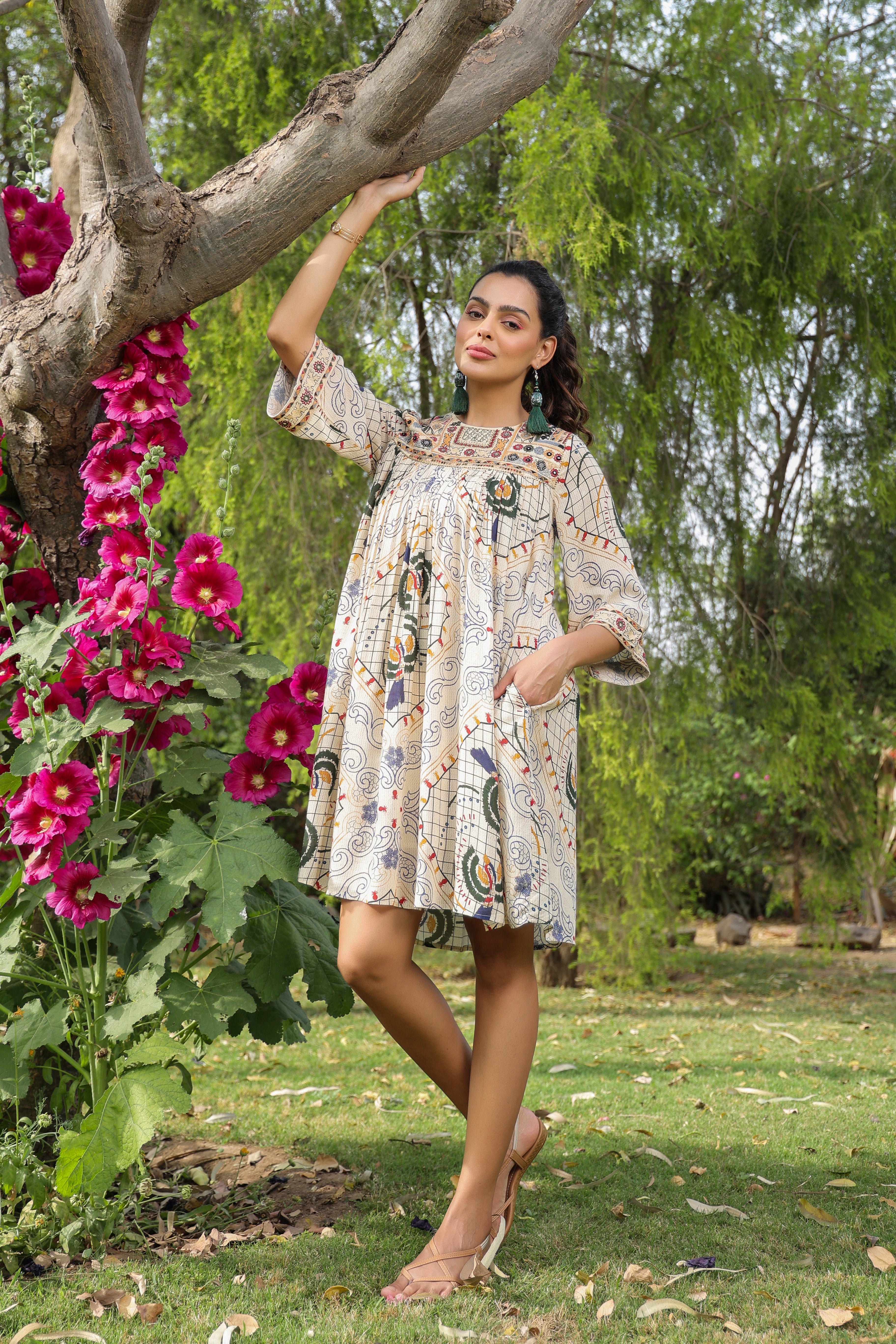 Women Viscose Santoon Digital Printed Embroidery And Beads Work Mini Dress