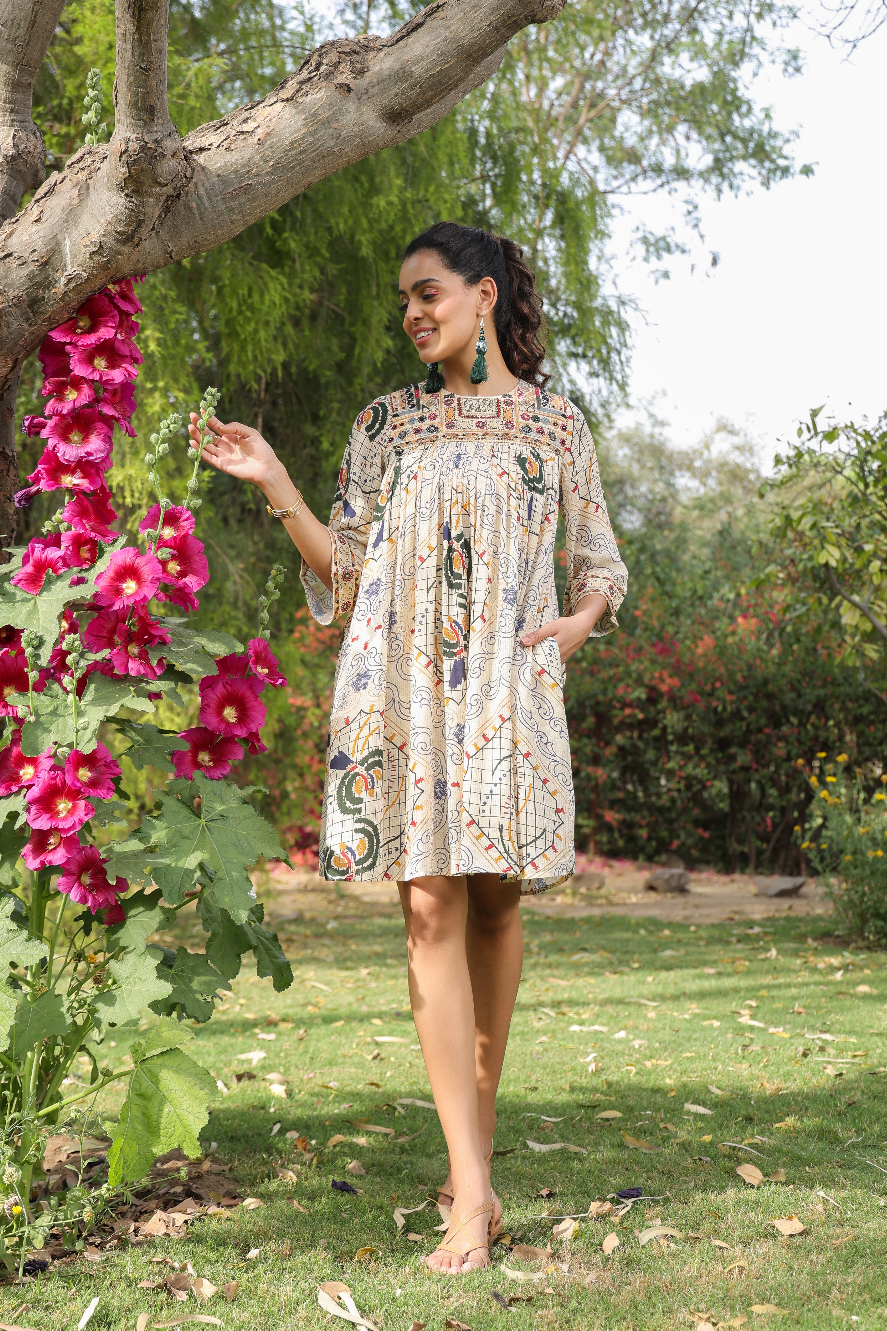 Women Viscose Santoon Digital Printed Embroidery And Beads Work Mini Dress