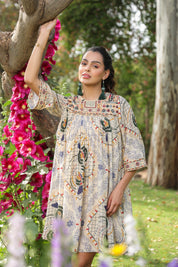 Women Viscose Santoon Digital Printed Embroidery And Beads Work Mini Dress