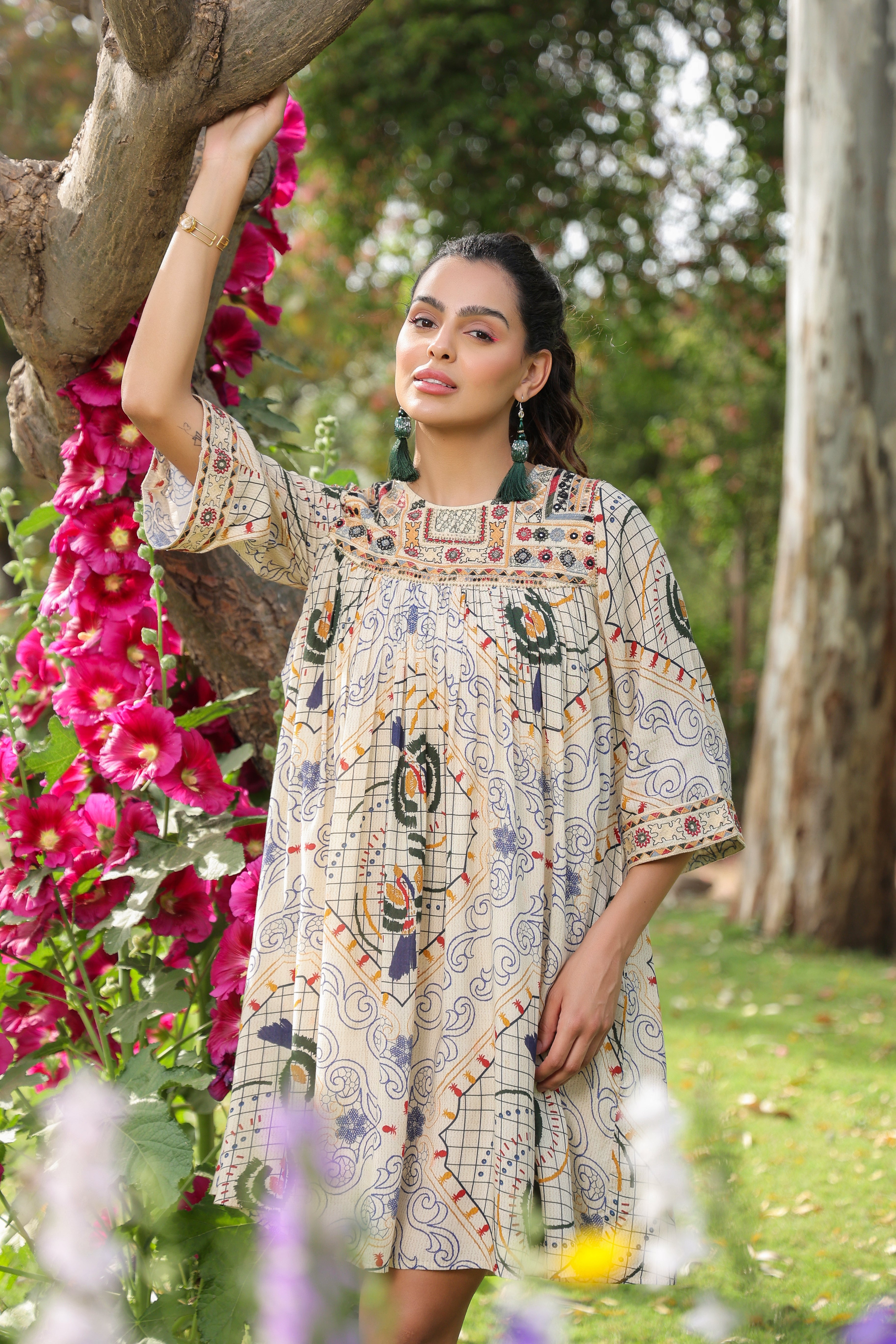 Women Viscose Santoon Digital Printed Embroidery And Beads Work Mini Dress