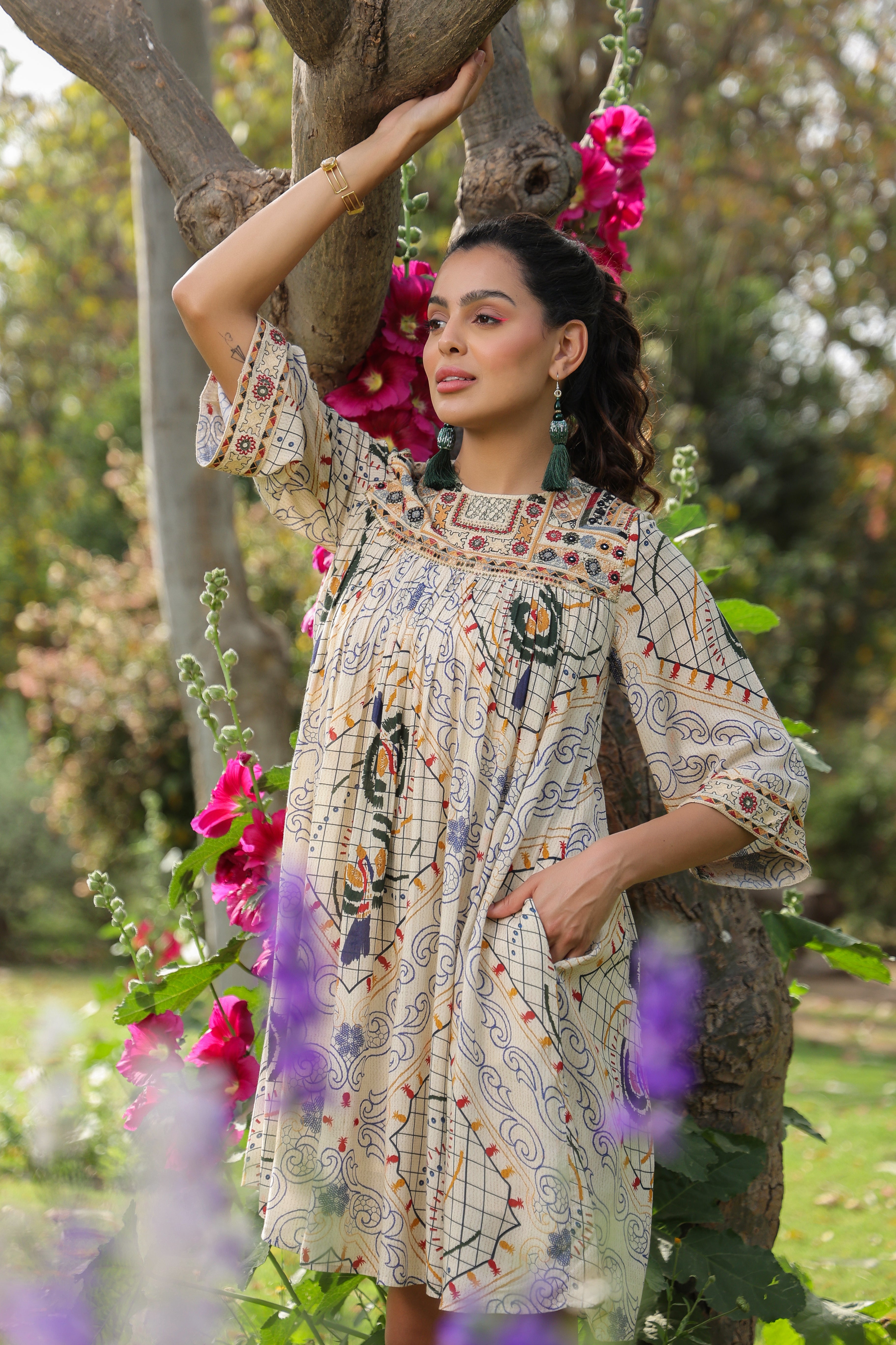 Women Viscose Santoon Digital Printed Embroidery And Beads Work Mini Dress