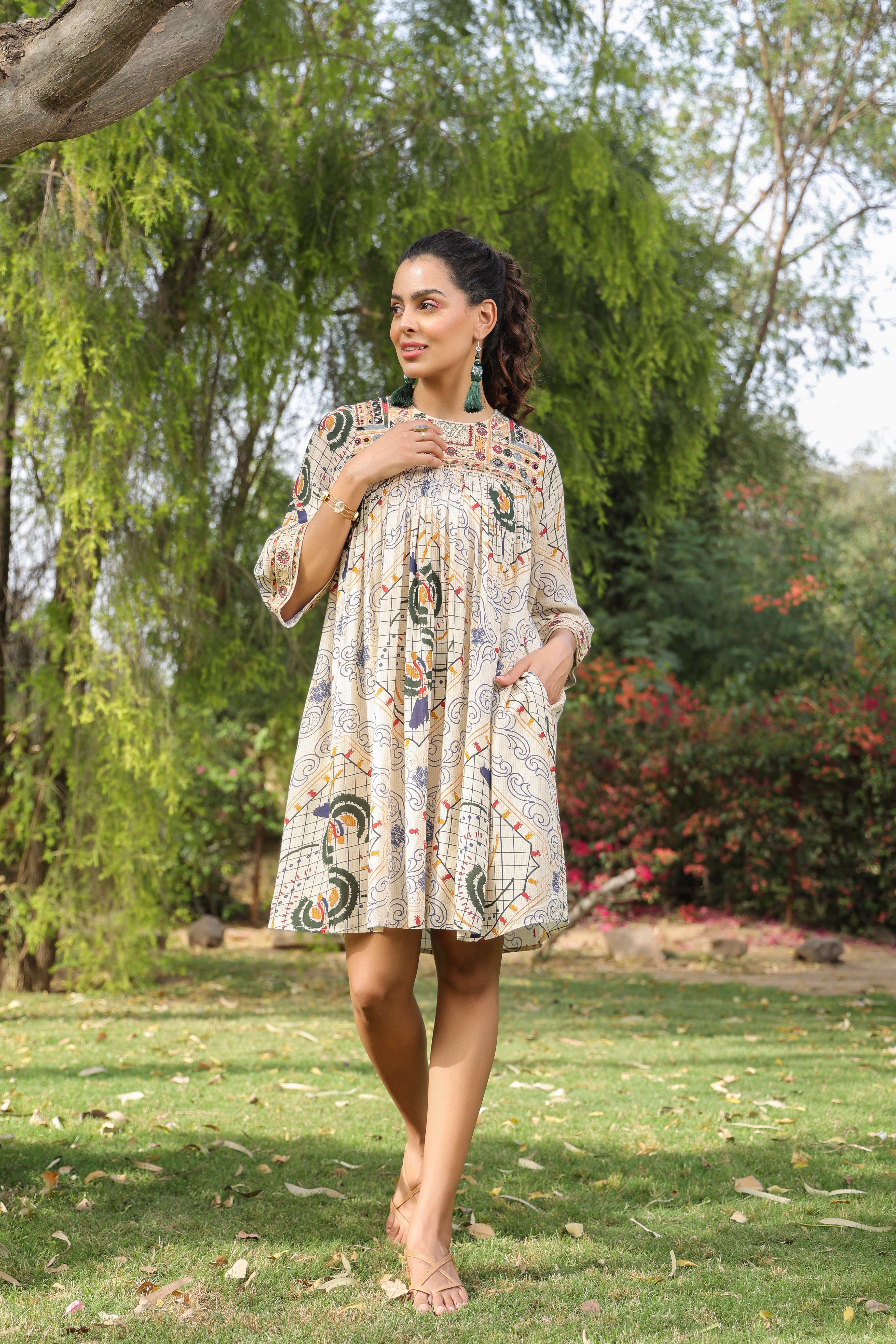 Women Viscose Santoon Digital Printed Embroidery And Beads Work Mini Dress