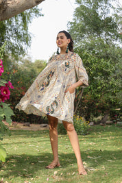 Women Viscose Santoon Digital Printed Embroidery And Beads Work Mini Dress
