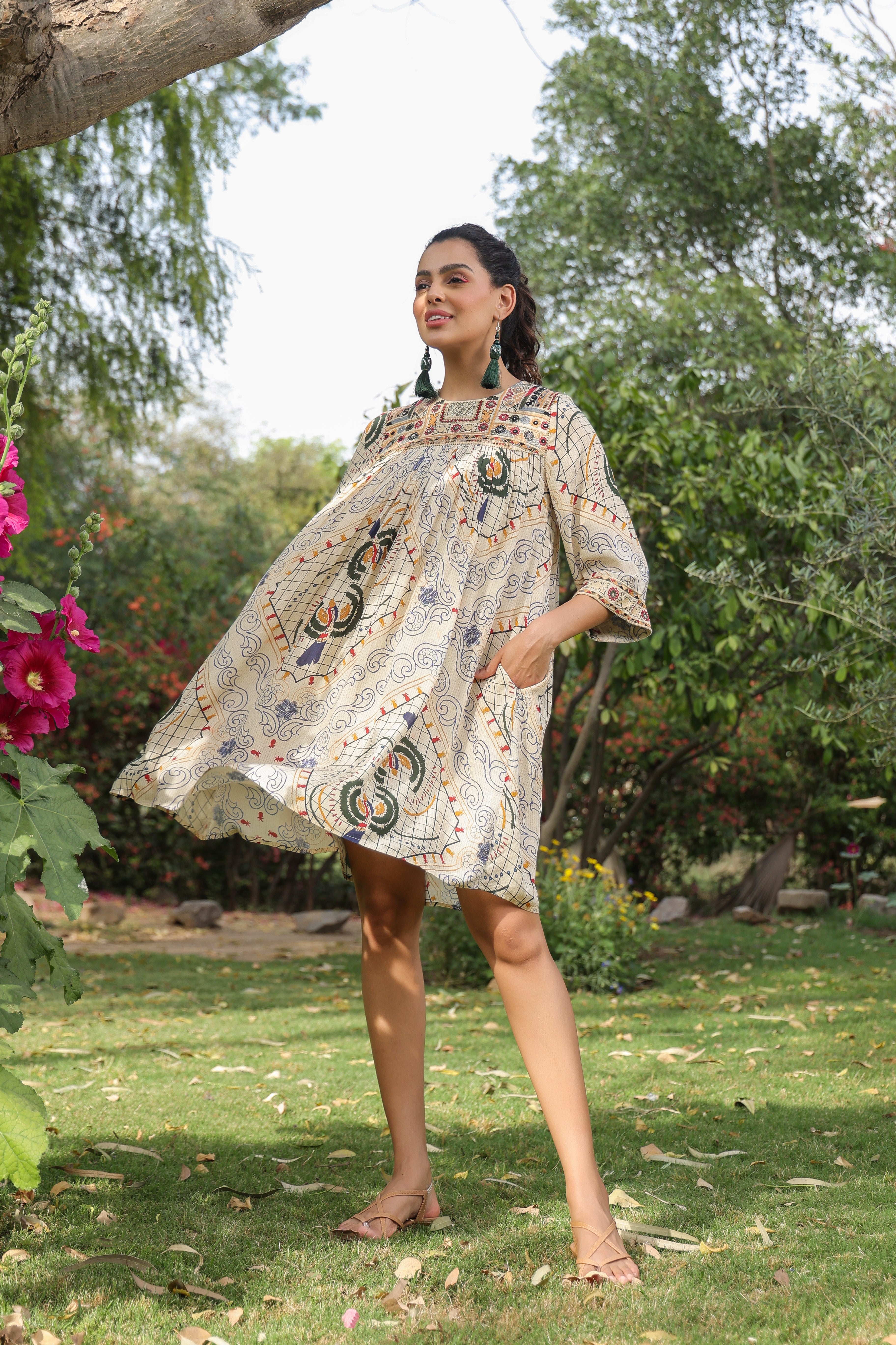 Women Viscose Santoon Digital Printed Embroidery And Beads Work Mini Dress