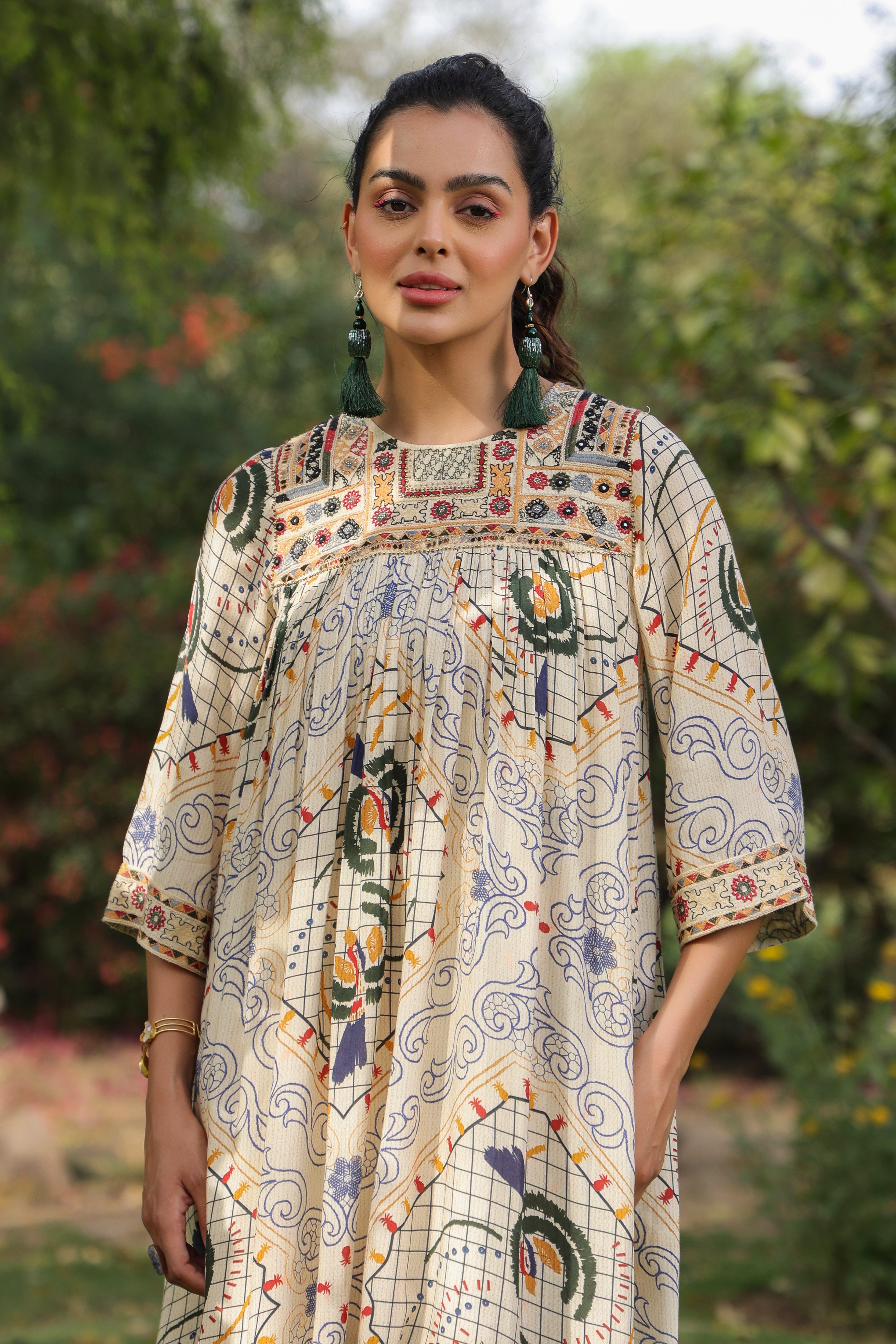 Women Viscose Santoon Digital Printed Embroidery And Beads Work Mini Dress