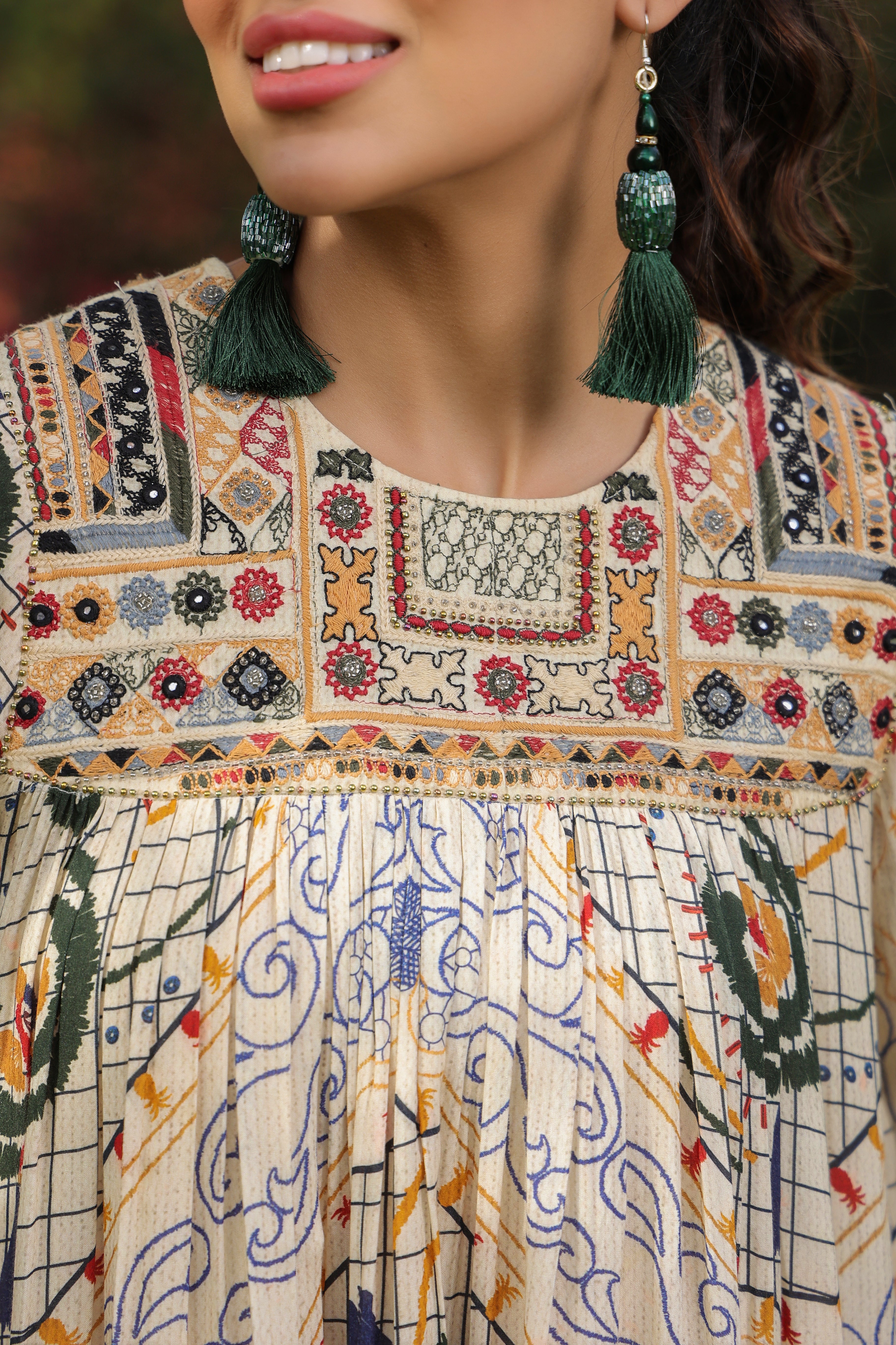 Women Viscose Santoon Digital Printed Embroidery And Beads Work Mini Dress