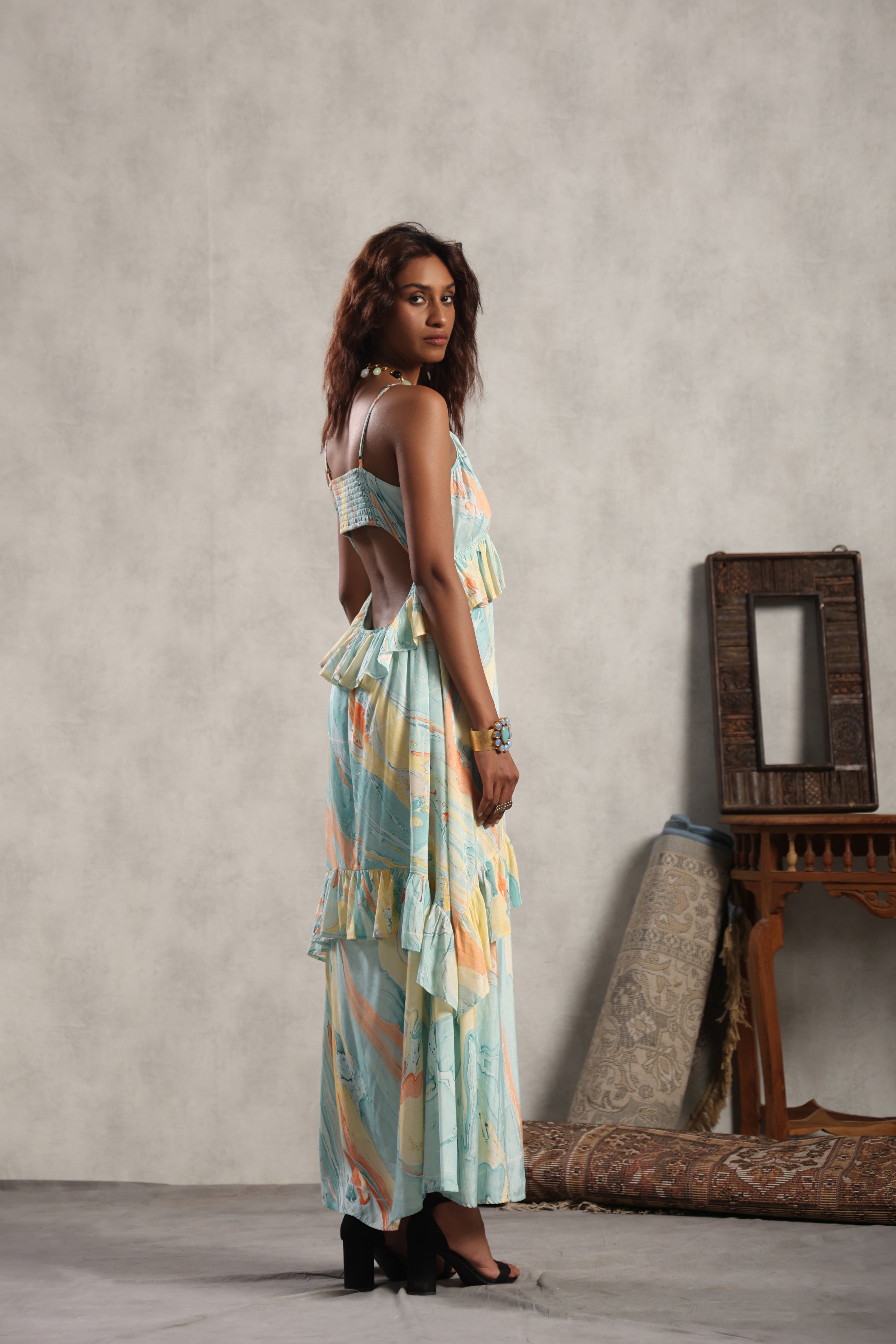 Women Viscose Marble Print Frill Maxi Dress