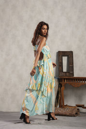 Women Viscose Marble Print Frill Maxi Dress