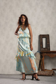 Women Viscose Marble Print Frill Maxi Dress